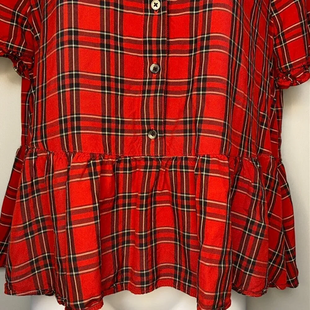 MADEWELL Red and Black Plaid Ruffle Hem Puff Sleeve Button‎ Down Blouse Size S